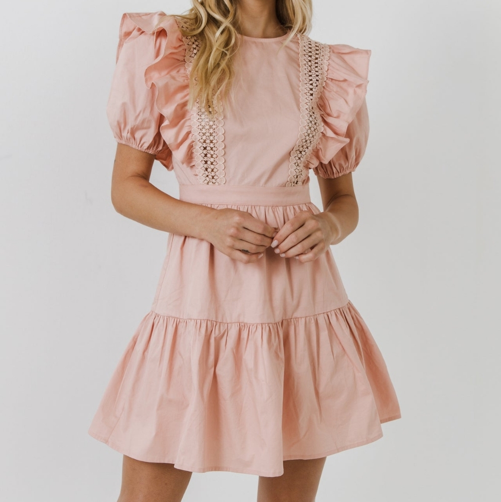 English Factory Lace Inserted Mini Dress With Puff Sleeve Large NWT New